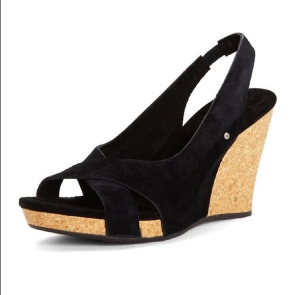 UGG Shoes - UGG Hazel black suede peep toe slingback wedge 8